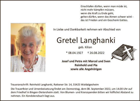 Traueranzeige von Gretel Langhanki von vrm-trauer Allgemeine  Zeitung Ingelheim-Bingen