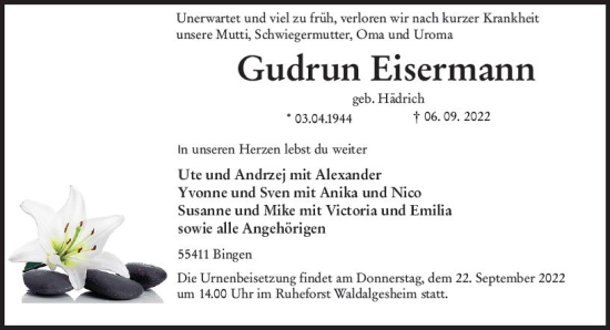 Traueranzeige von Gudrun Eisermann von vrm-trauer Allgemeine  Zeitung Ingelheim-Bingen
