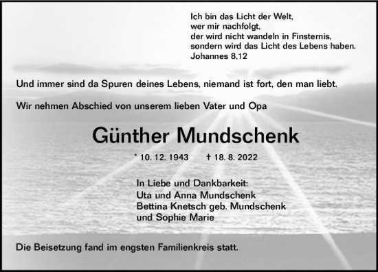 Traueranzeige von Günther Mundschenk von vrm-trauer Rüsselsheimer Echo / MainSpitze