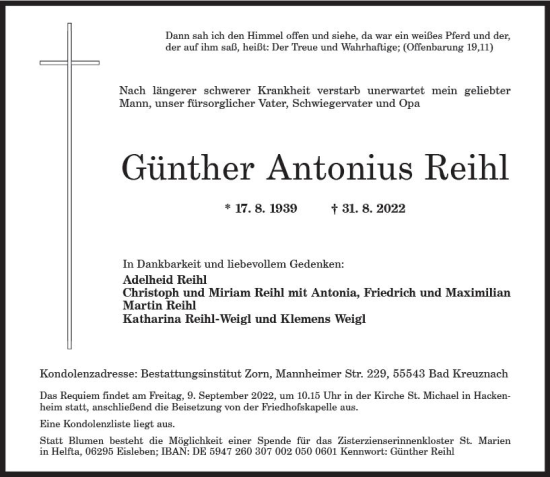 Traueranzeige von Günther Antonius Reihl von vrm-trauer Allg. Zeitung Bad Kreuznach