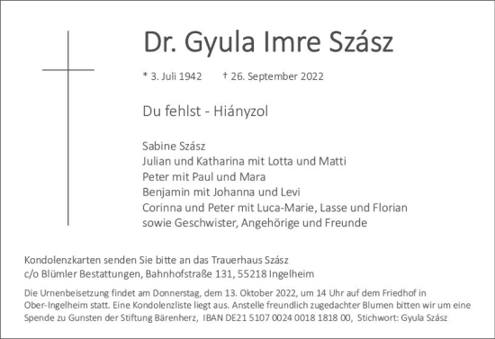 Traueranzeige von Gyula Imre Szász von vrm-trauer Allgemeine  Zeitung Ingelheim-Bingen