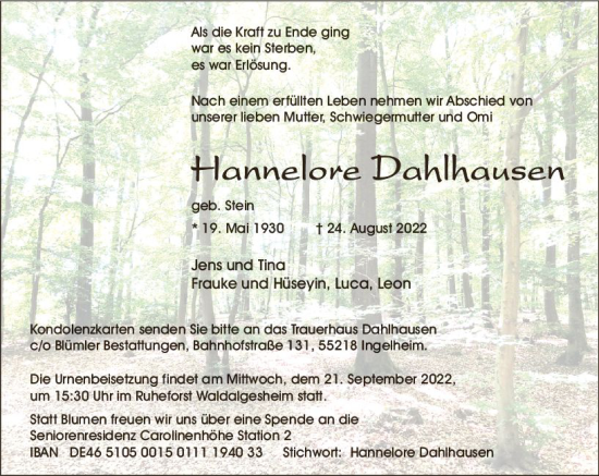 Traueranzeige von Hannelore Dahlhausen von vrm-trauer Allgemeine  Zeitung Ingelheim-Bingen