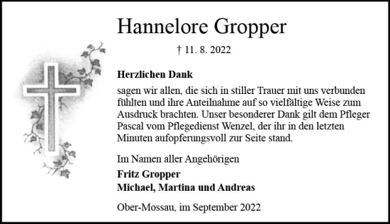Traueranzeige von Hannelore Gropper von vrm-trauer Odenwälder Echo