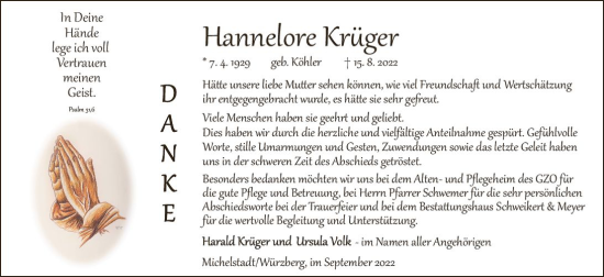 Traueranzeige von Hannelore Krüger von vrm-trauer Odenwälder Echo