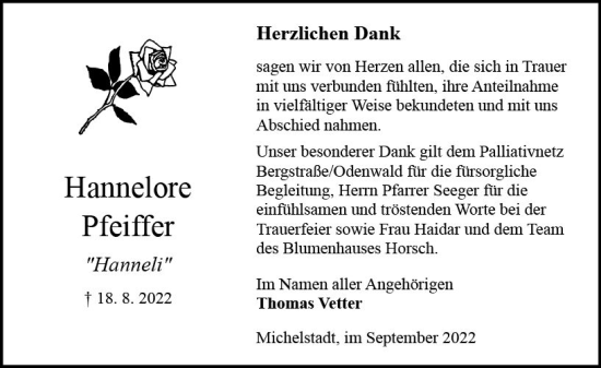 Traueranzeige von Hannelore Pfeiffer von vrm-trauer Odenwälder Echo