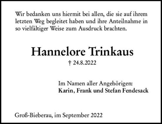 Traueranzeige von Hannelore Trinkaus von vrm-trauer Darmstädter Echo