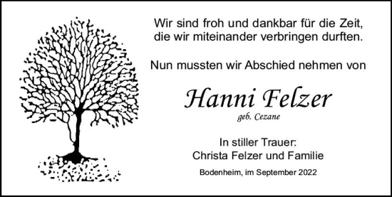 Traueranzeige von Hanni Felzer von vrm-trauer AZ Mainz