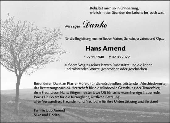 Traueranzeige von Hans Amend von vrm-trauer Odenwälder Echo