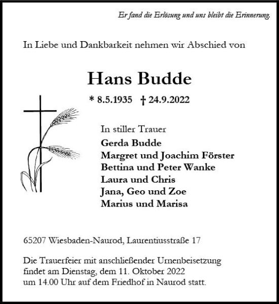 Traueranzeige von Hans Budde von vrm-trauer Wiesbadener Kurier
