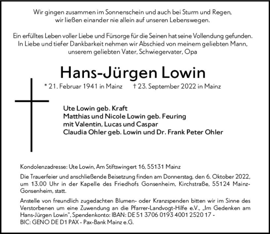 Traueranzeige von Hans-Jürgen Lowin von vrm-trauer AZ Mainz
