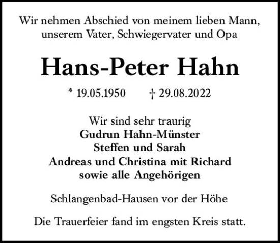 Traueranzeige von Hans-Peter Hahn von vrm-trauer Wiesbadener Kurier