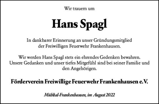 Traueranzeige von Hans Spagl von vrm-trauer Darmstädter Echo