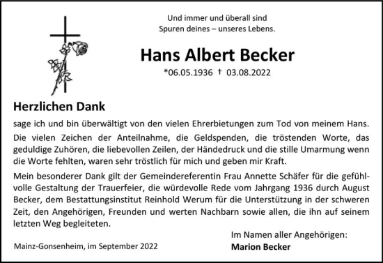 Traueranzeige von Hans Albert Becker von vrm-trauer AZ Mainz