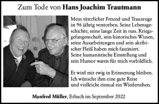 Traueranzeige von Hans Joachim Trautmann von vrm-trauer Odenwälder Echo