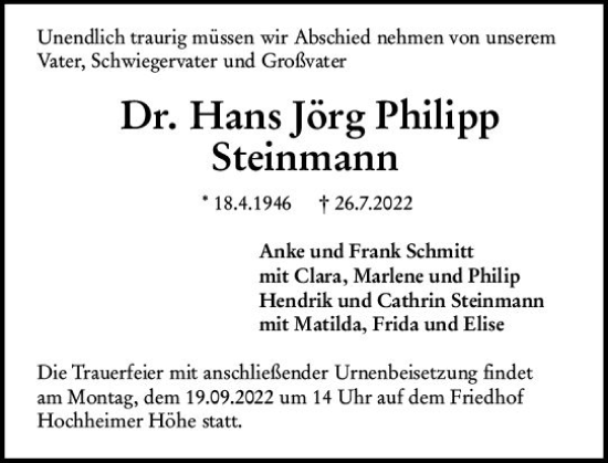 Traueranzeige von Hans Jörg Philipp Steinmann von vrm-trauer Wormser Zeitung