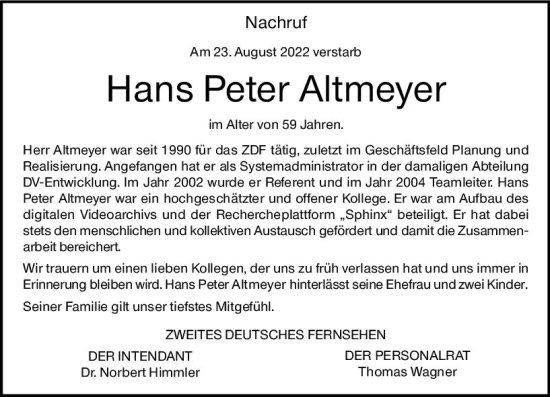 Traueranzeige von Hans Peter Altmeyer von vrm-trauer AZ Mainz