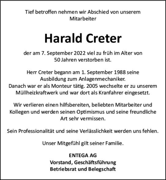 Traueranzeige von Harald Creter von vrm-trauer Odenwälder Echo