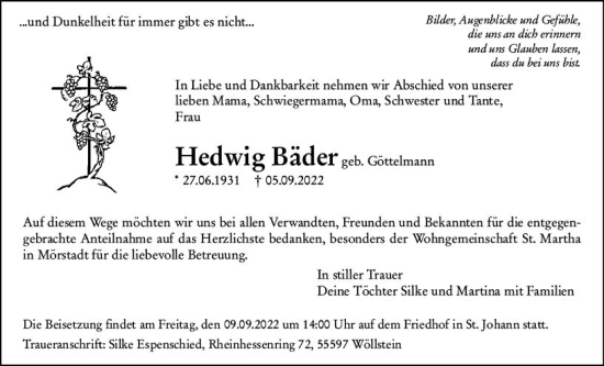 Traueranzeige von Hedwig Bäder von vrm-trauer Allgemeine  Zeitung Ingelheim-Bingen