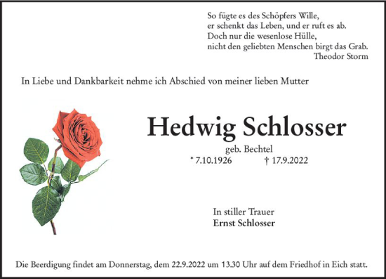 Traueranzeige von Hedwig Schlosser von vrm-trauer Wormser Zeitung