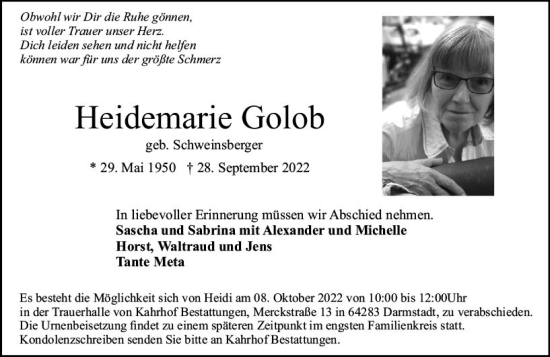 Traueranzeige von Heidemarie Golob von vrm-trauer Darmstädter Echo