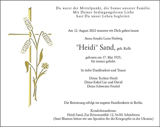 Traueranzeige von Heidi Sand von vrm-trauer Wiesbadener Kurier