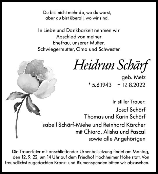 Traueranzeige von Heidrun Schärf von vrm-trauer Wormser Zeitung