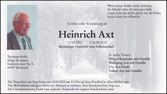 Traueranzeige von Heinrich Axt von vrm-trauer Darmstädter Echo