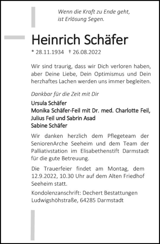 Traueranzeige von Heinrich Schäfer von vrm-trauer Darmstädter Echo