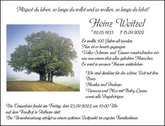 Traueranzeige von Heinz Weitzel von vrm-trauer Rüsselsheimer Echo / MainSpitze