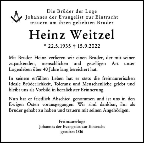Traueranzeige von Heinz Weitzel von vrm-trauer Darmstädter Echo