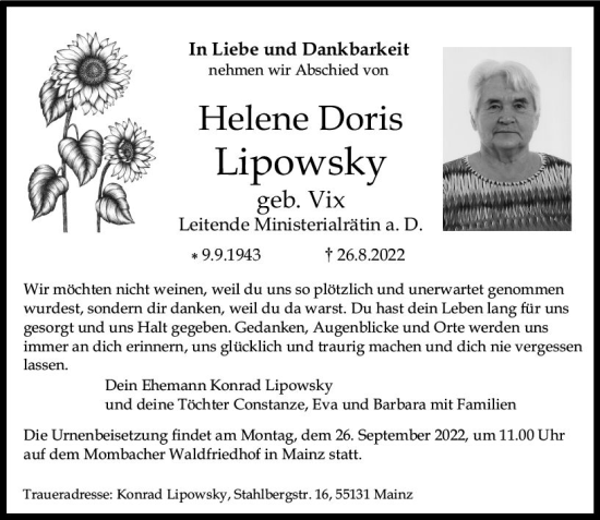 Traueranzeige von Helene Doris Lipowsky von vrm-trauer AZ Mainz