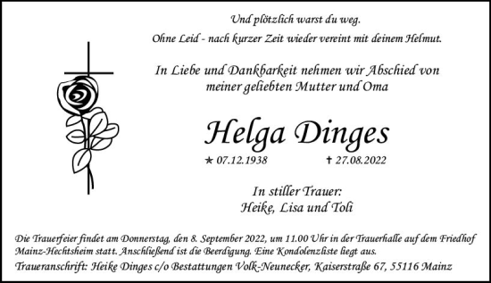 Traueranzeige von Helga Dinges von vrm-trauer AZ Mainz
