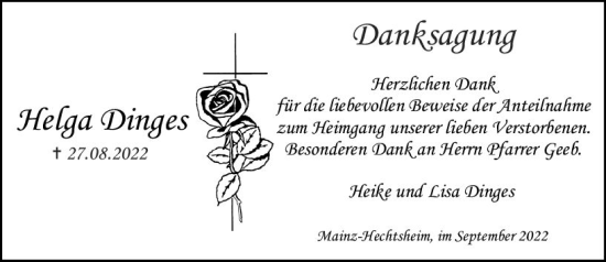 Traueranzeige von Helga Dinges von vrm-trauer AZ Mainz