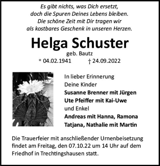 Traueranzeige von Helga Schuster von vrm-trauer Allgemeine  Zeitung Ingelheim-Bingen