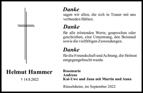 Traueranzeige von Helmut Hammer von vrm-trauer Rüsselsheimer Echo / MainSpitze