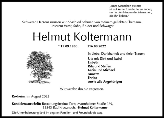 Traueranzeige von Helmut Koltermann von vrm-trauer Allg. Zeitung Bad Kreuznach