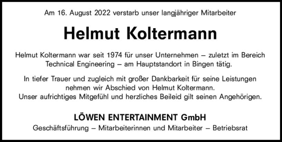 Traueranzeige von Helmut Koltermann von vrm-trauer Allg. Zeitung Bad Kreuznach