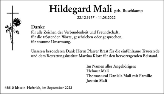 Traueranzeige von Helmut Mali von vrm-trauer Idsteiner Zeitung