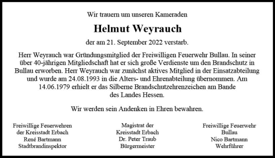Traueranzeige von Helmut Weyrauch von vrm-trauer Odenwälder Echo