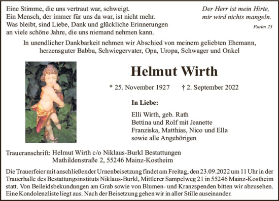 Traueranzeige von Helmut Wirth von vrm-trauer AZ Mainz
