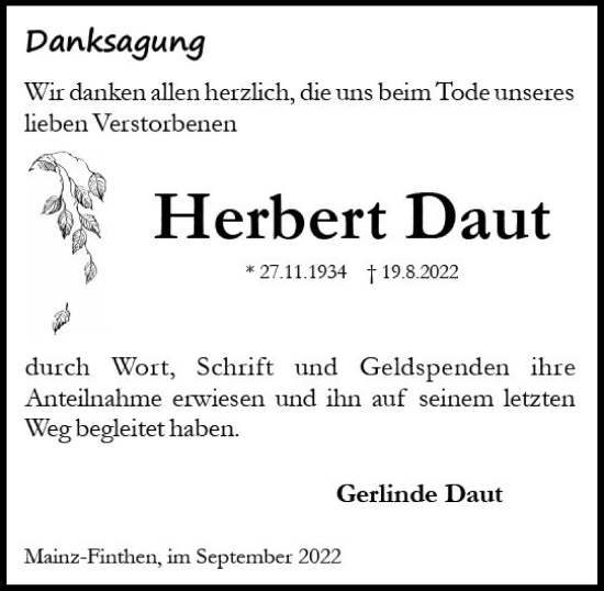 Traueranzeige von Herbert Daut von vrm-trauer AZ Mainz