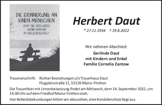 Traueranzeige von Herbert Daut von vrm-trauer AZ Mainz