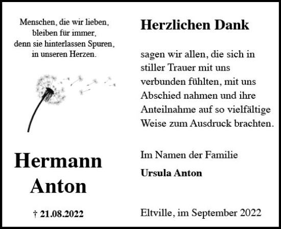 Traueranzeige von Hermann Anton von vrm-trauer Wiesbadener Kurier