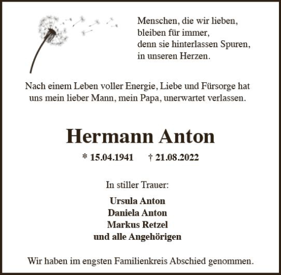 Traueranzeige von Hermann Anton von vrm-trauer Wiesbadener Kurier