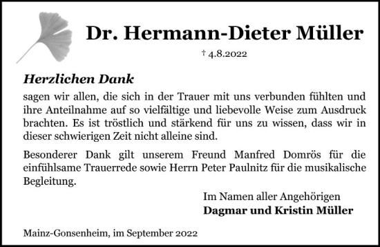 Traueranzeige von Hermann-Dieter Müller von vrm-trauer AZ Mainz