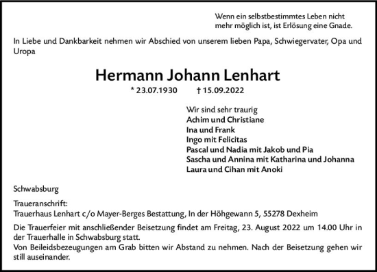 Traueranzeige von Hermann Johann Lenhart von vrm-trauer AZ Mainz