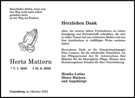 Traueranzeige von Herta Mattern von vrm-trauer Allg. Zeitung Bad Kreuznach