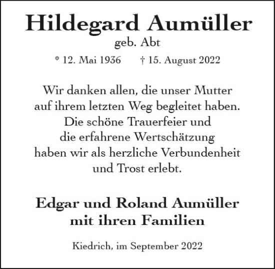 Traueranzeige von Hildegard Aumüller von vrm-trauer Wiesbadener Kurier