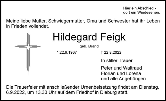 Traueranzeige von Hildegard Feigk von vrm-trauer DieburgerAnzeiger/Groß-Zimmerner Lokala