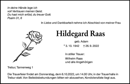 Traueranzeige von Hildegard Raas von vrm-trauer Groß-Gerauer Echo